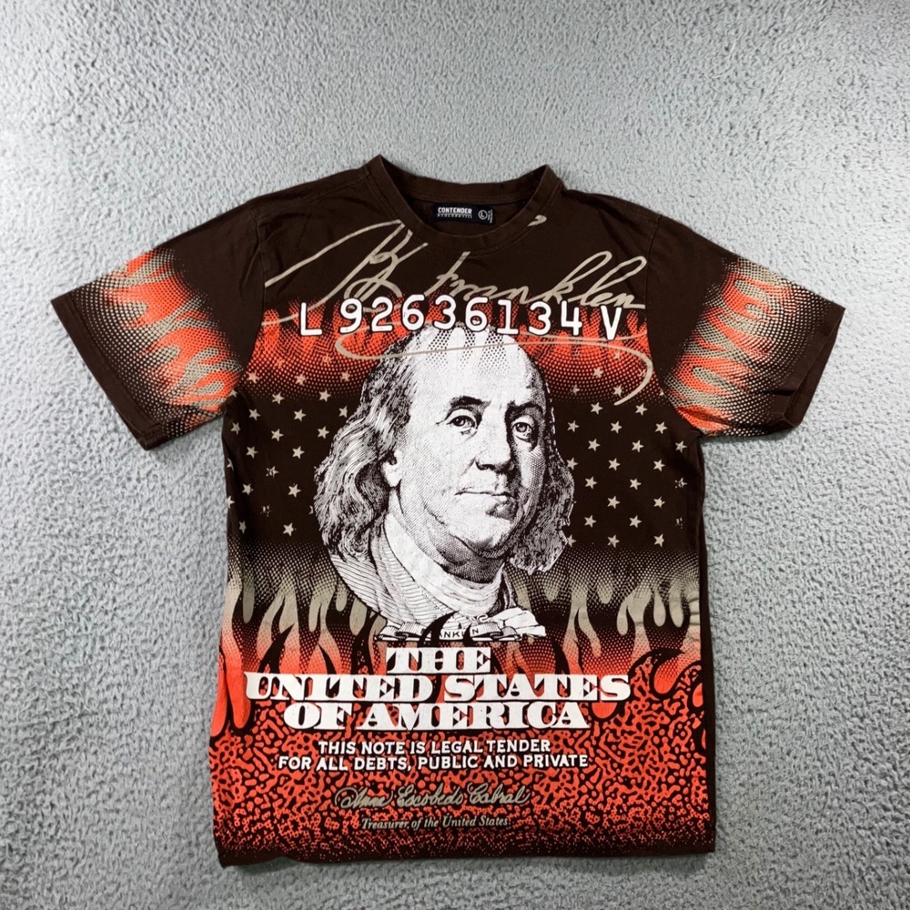 Contender Graphic T-Shirt L Brown Benjamin Franklin Flame Baggy y2k Hypebeast
